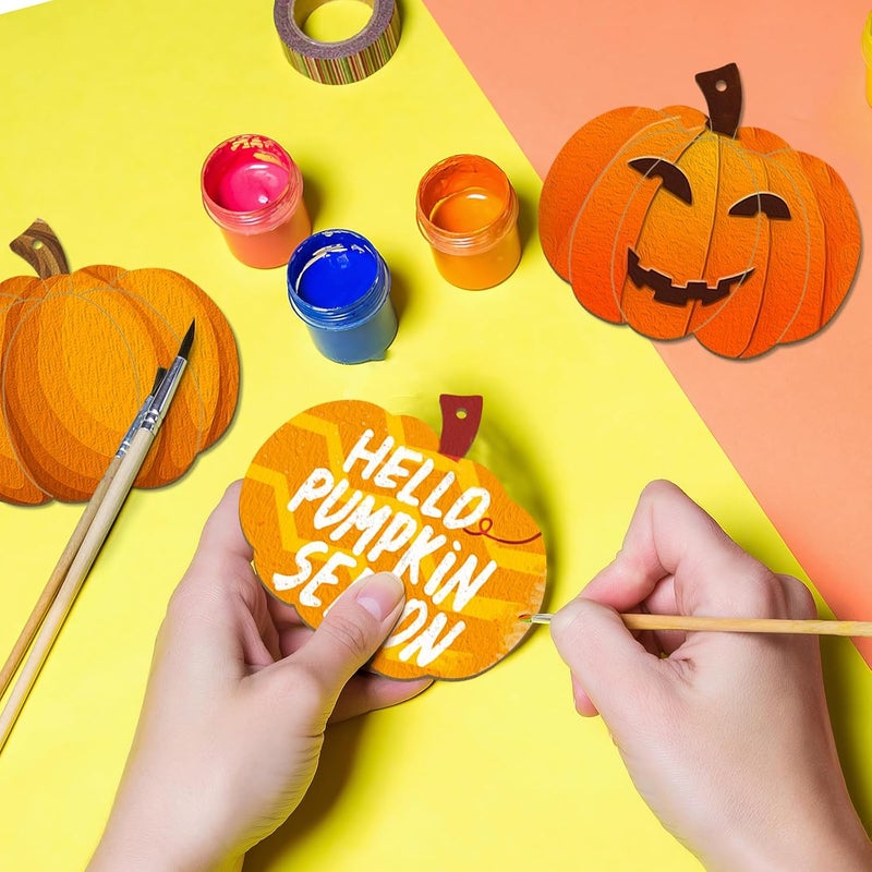 Sophena Wooden Pumpkins Ornaments to Paint Halloween Thanksgiving Decoration Cutouts Unfinished 24PCS 3.5 inches, DIY Blank Unfinished Pumpkin Wood Discs Ornament for Home Harvest Crafts Hanging Autumn - Image 2